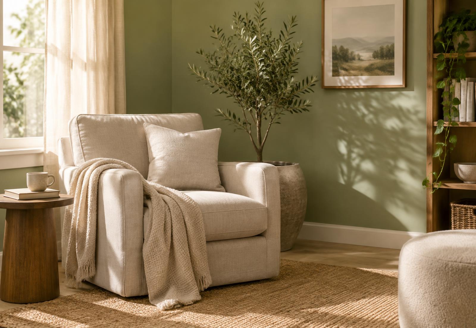 A sunlit therapy room with a linen armchair and olive plant